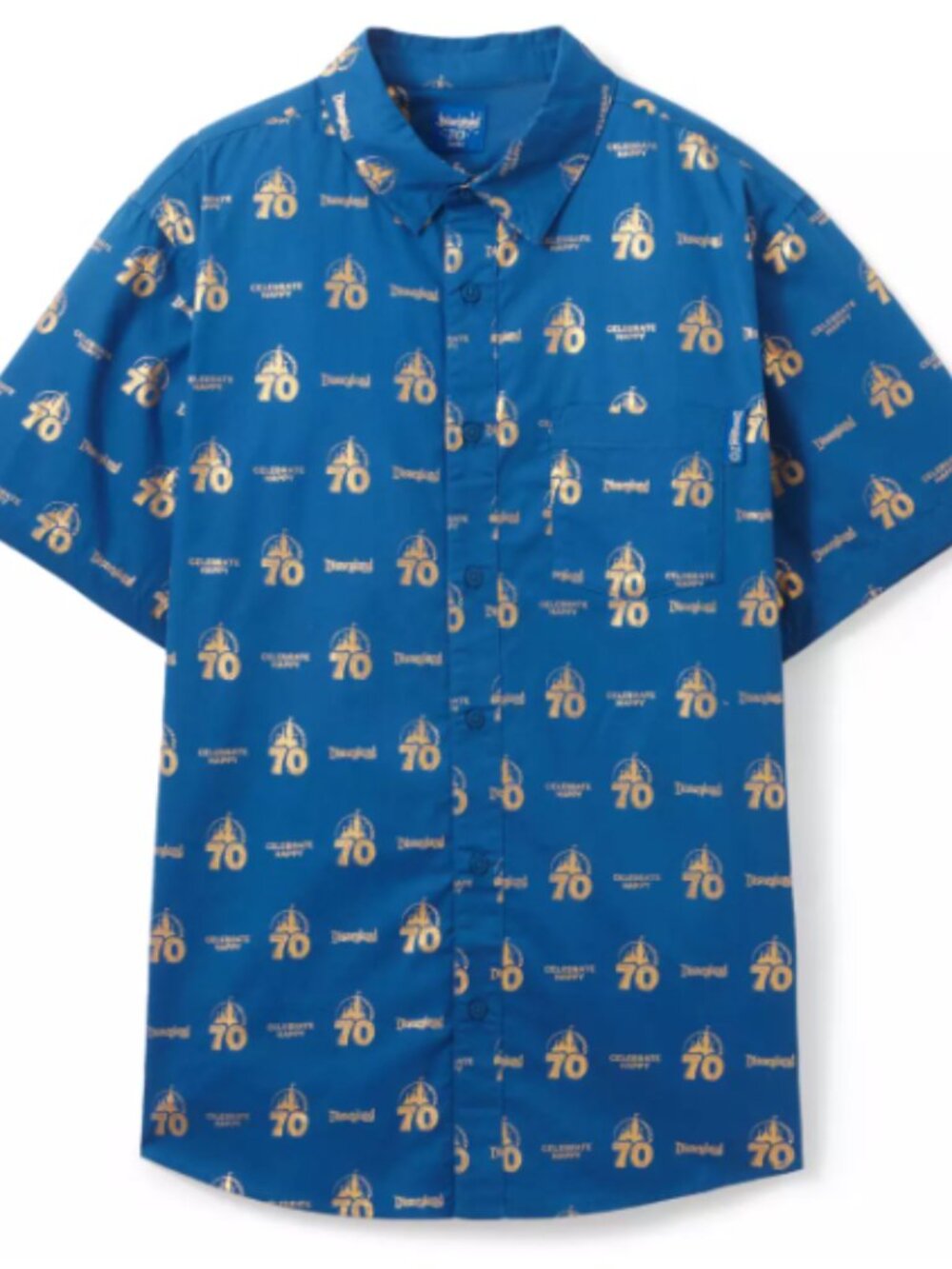 Men's Disneyland Resort 70th Anniversary 'Celebrate Happy' Woven Shirt Blue Gold